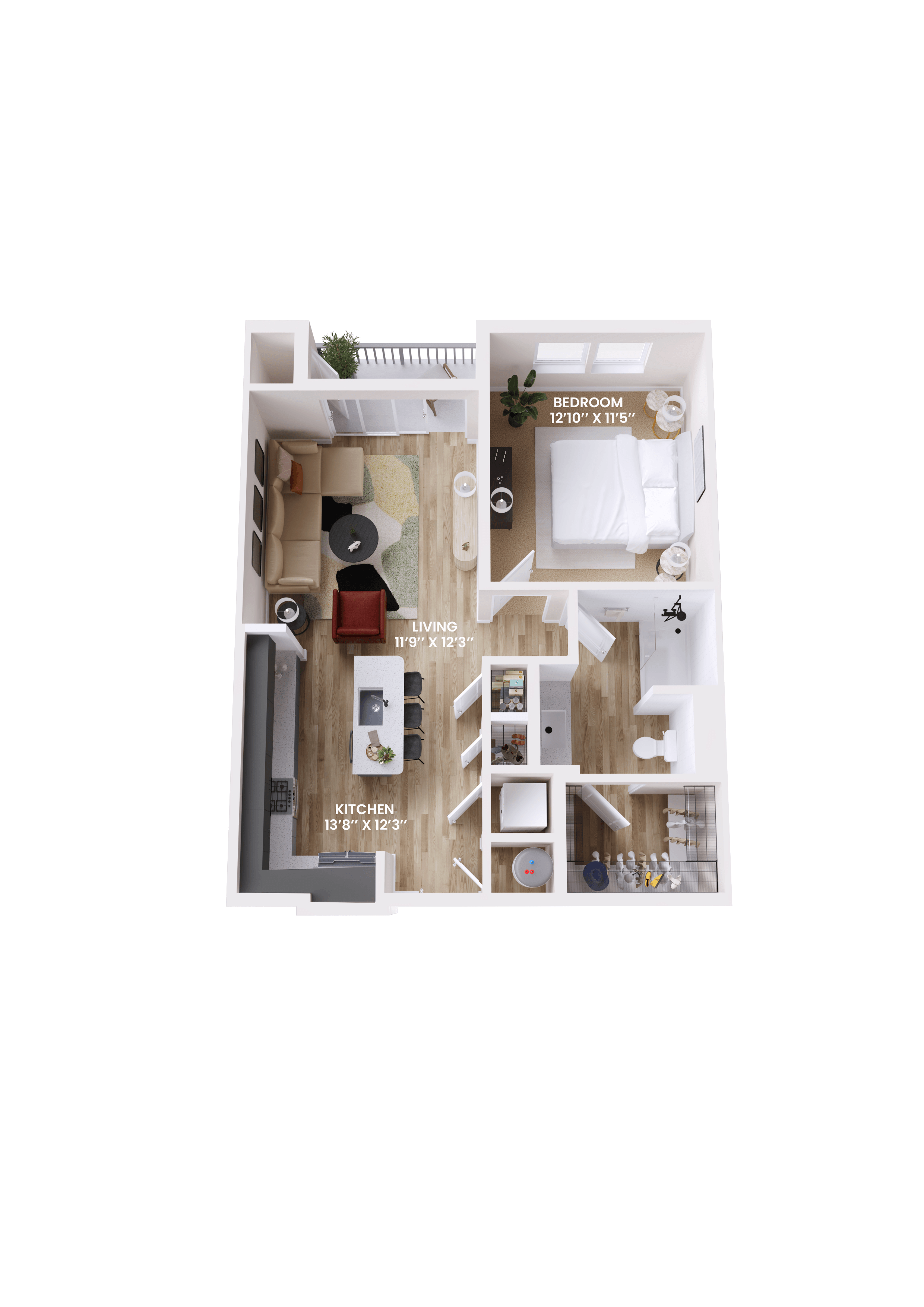 Floor plan for 1 bed, 1 bath, 727 sqft